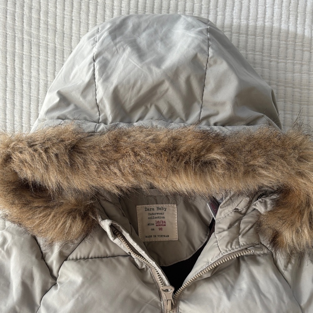 Zara Baby Gray Puffer Jacket with Faux Fur Trim Hood - Picture 12 of 14